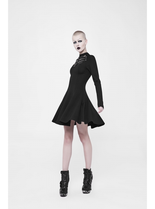 Black Small High Collar Chest Splice Mesh Rivet Back Zipper A Type Hem Punk Knit Dress