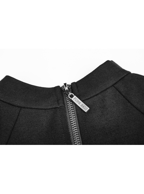 Black Small High Collar Chest Splice Mesh Rivet Back Zipper A Type Hem Punk Knit Dress