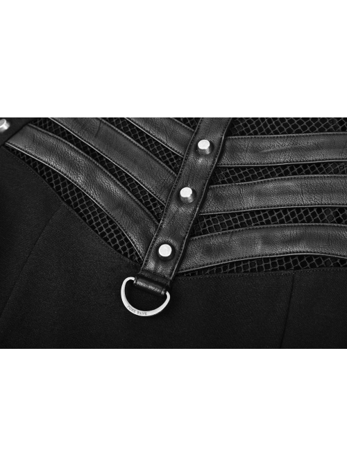 Black Small High Collar Chest Splice Mesh Rivet Back Zipper A Type Hem Punk Knit Dress