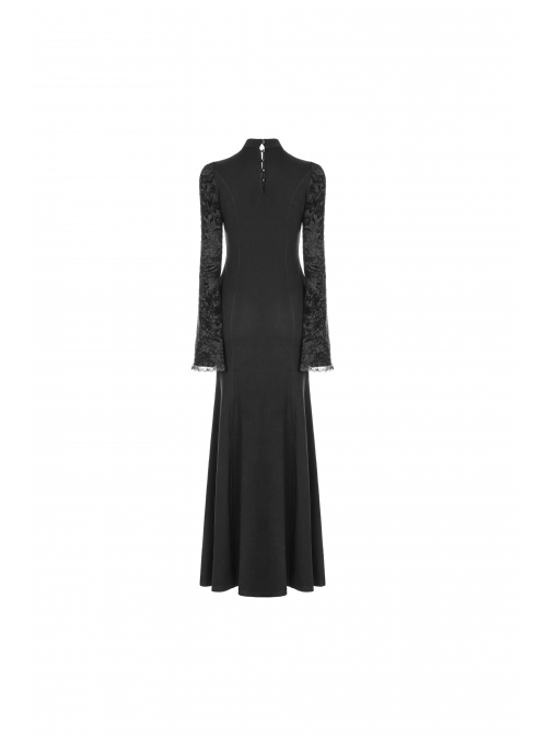 Stand-Up Collar Chest Embroidery Mesh Horn Sleeve Lace Cuff Black Gothic Long Knit Dress