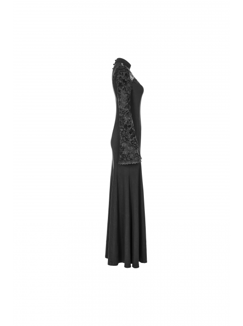 Stand-Up Collar Chest Embroidery Mesh Horn Sleeve Lace Cuff Black Gothic Long Knit Dress