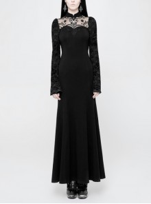 Stand-Up Collar Chest Embroidery Mesh Horn Sleeve Lace Cuff Black Gothic Long Knit Dress