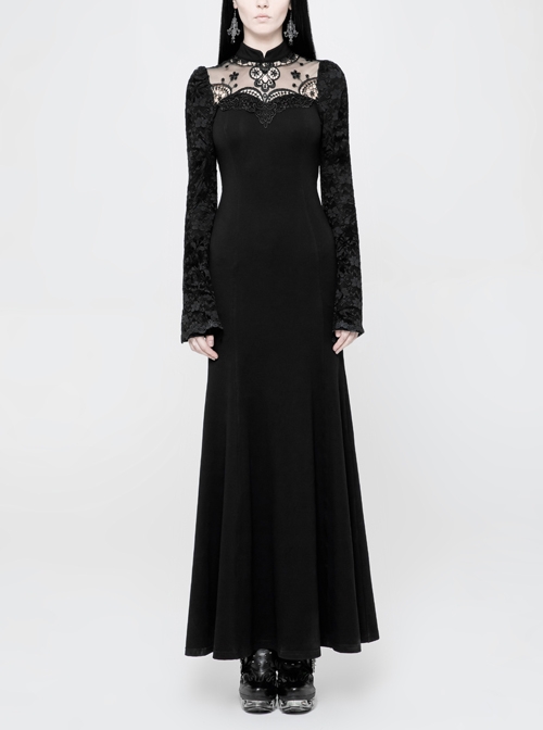 Stand-Up Collar Chest Embroidery Mesh Horn Sleeve Lace Cuff Black Gothic Long Knit Dress