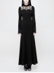 Stand-Up Collar Chest Embroidery Mesh Horn Sleeve Lace Cuff Black Gothic Long Knit Dress