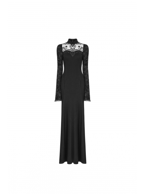 Stand-Up Collar Chest Embroidery Mesh Horn Sleeve Lace Cuff Black Gothic Long Knit Dress