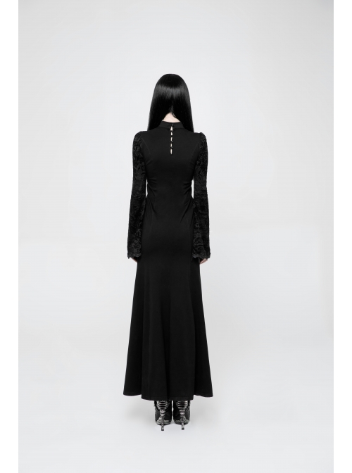 Stand-Up Collar Chest Embroidery Mesh Horn Sleeve Lace Cuff Black Gothic Long Knit Dress
