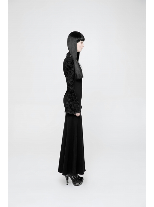 Stand-Up Collar Chest Embroidery Mesh Horn Sleeve Lace Cuff Black Gothic Long Knit Dress