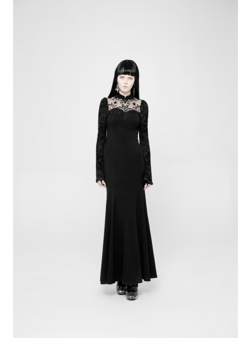 Stand-Up Collar Chest Embroidery Mesh Horn Sleeve Lace Cuff Black Gothic Long Knit Dress