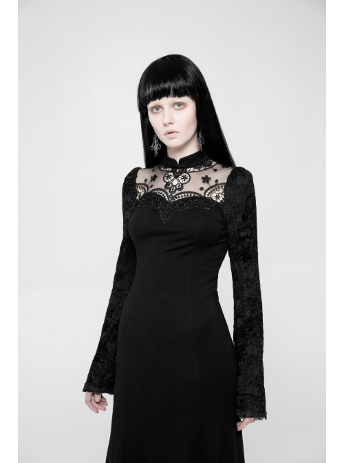 Stand-Up Collar Chest Embroidery Mesh Horn Sleeve Lace Cuff Black Gothic Long Knit Dress