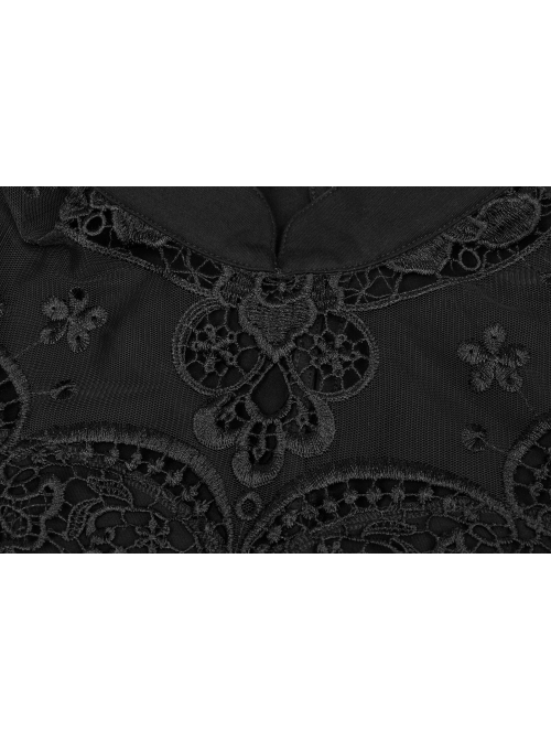 Stand-Up Collar Chest Embroidery Mesh Horn Sleeve Lace Cuff Black Gothic Long Knit Dress