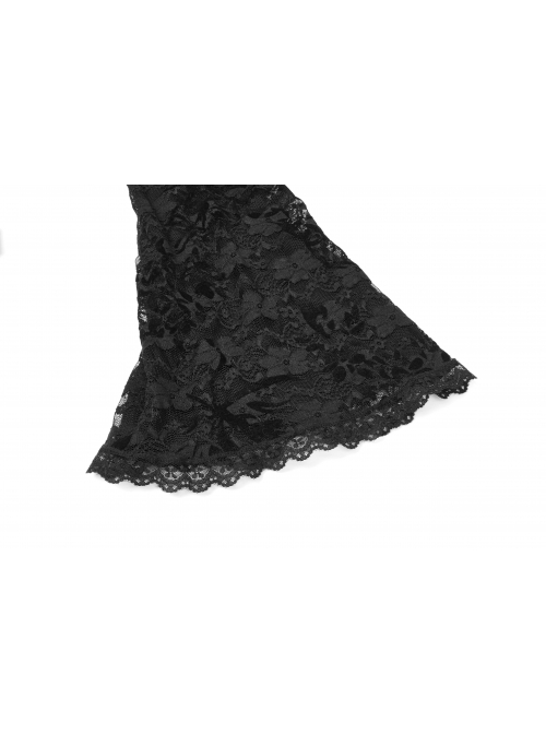 Stand-Up Collar Chest Embroidery Mesh Horn Sleeve Lace Cuff Black Gothic Long Knit Dress