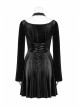 Chest Bandage Small Horn Sleeve Back Lace-Up Pleat Hem Black Gothic Velvet Dress