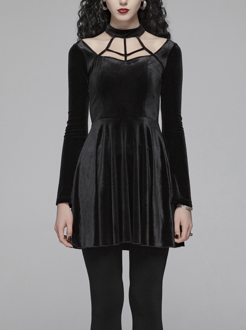 Chest Bandage Small Horn Sleeve Back Lace-Up Pleat Hem Black Gothic Velvet Dress