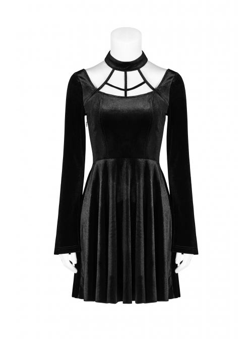 Chest Bandage Small Horn Sleeve Back Lace-Up Pleat Hem Black Gothic Velvet Dress