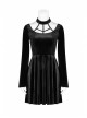 Chest Bandage Small Horn Sleeve Back Lace-Up Pleat Hem Black Gothic Velvet Dress