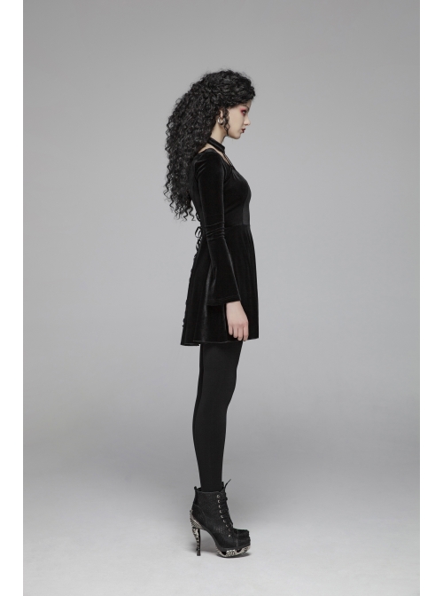 Chest Bandage Small Horn Sleeve Back Lace-Up Pleat Hem Black Gothic Velvet Dress