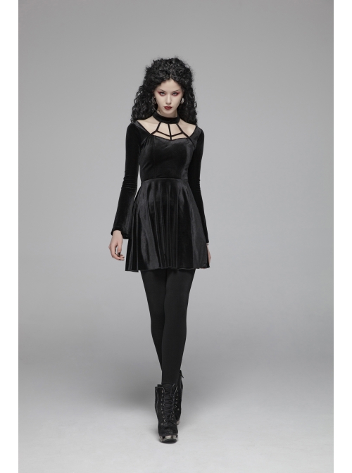 Chest Bandage Small Horn Sleeve Back Lace-Up Pleat Hem Black Gothic Velvet Dress