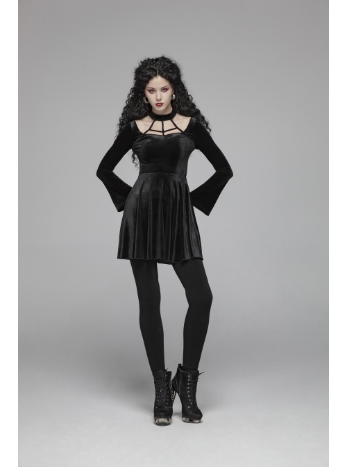 Chest Bandage Small Horn Sleeve Back Lace-Up Pleat Hem Black Gothic Velvet Dress