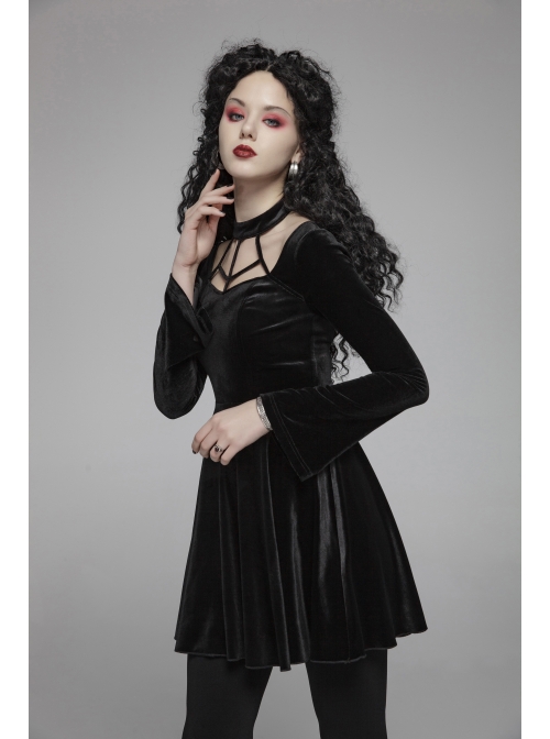Chest Bandage Small Horn Sleeve Back Lace-Up Pleat Hem Black Gothic Velvet Dress - Magic Wardrobes Chest Bandage Small Horn Sleeve Back Lace-Up Pleat Hem Black Gothic Velvet Dress - Magic Wardrobes