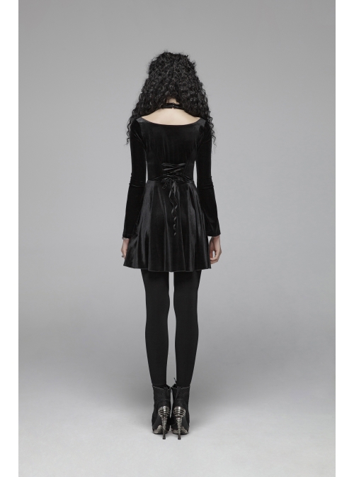 Chest Bandage Small Horn Sleeve Back Lace-Up Pleat Hem Black Gothic Velvet Dress