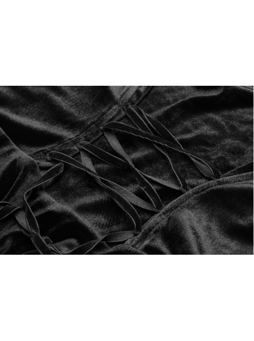 Chest Bandage Small Horn Sleeve Back Lace-Up Pleat Hem Black Gothic Velvet Dress