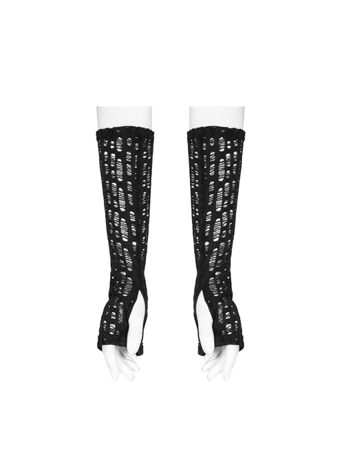 Black Drawnwork Mesh Broken Holes Thumb Opening Gothic Gloves