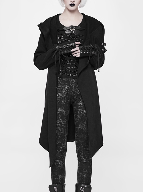 Big Hood Shoulder Metal Buckle Back Splice Leather Lace-Up Cuff Black Punk Sweater Coat