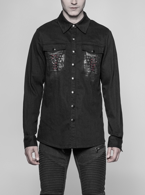 Black Broken Holes Keel Pattern Long Sleeve Gothic Denim Shirt