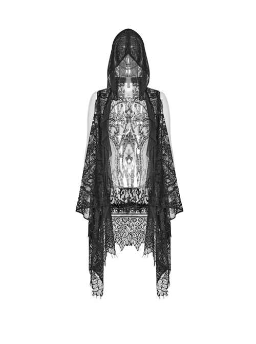 Big Hood Black Gothic Lace Sleeveless Cloak