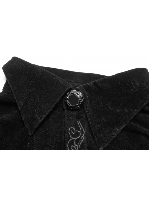 Placket Embroidery Angled Cuff Black Gothic Flocking Lace Shirt