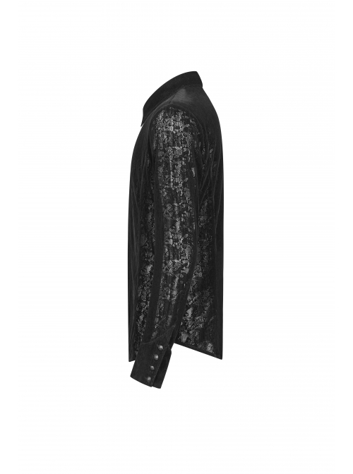 Placket Embroidery Angled Cuff Black Gothic Flocking Lace Shirt