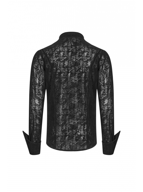 Placket Embroidery Angled Cuff Black Gothic Flocking Lace Shirt