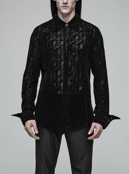 Placket Embroidery Angled Cuff Black Gothic Flocking Lace Shirt