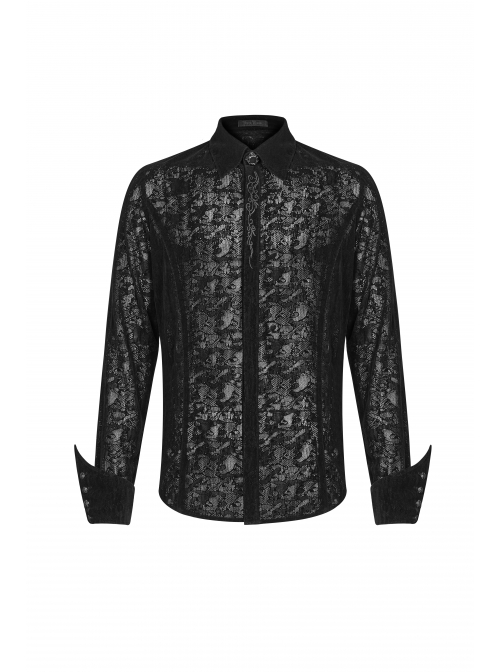 Placket Embroidery Angled Cuff Black Gothic Flocking Lace Shirt