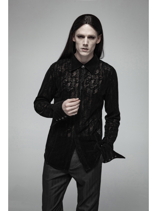Placket Embroidery Angled Cuff Black Gothic Flocking Lace Shirt