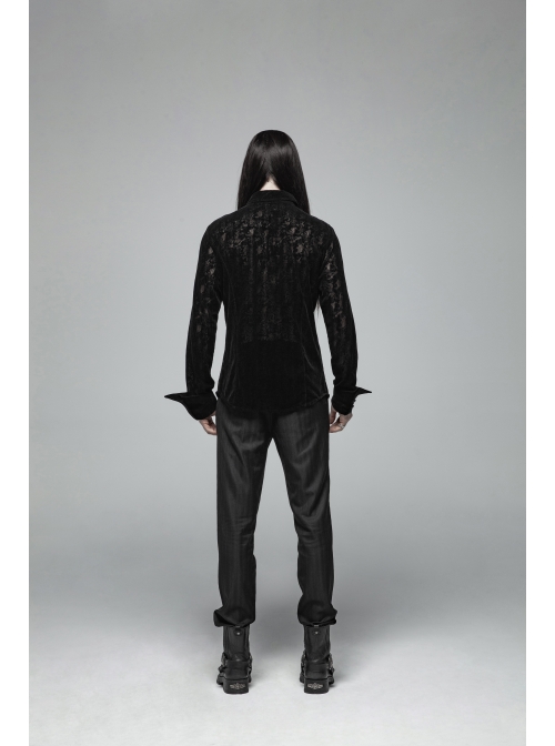 Placket Embroidery Angled Cuff Black Gothic Flocking Lace Shirt