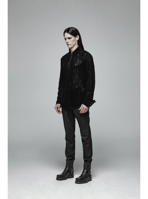 Placket Embroidery Angled Cuff Black Gothic Flocking Lace Shirt