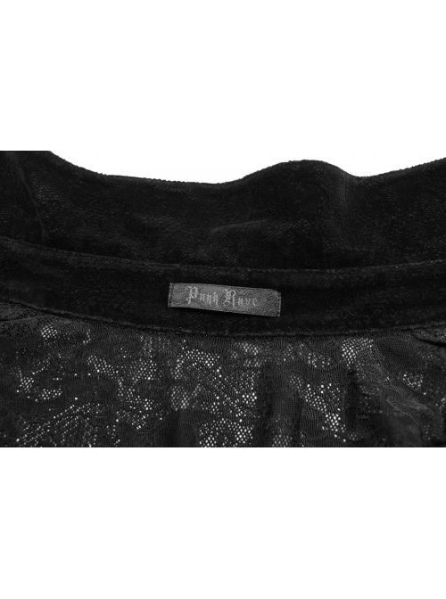 Placket Embroidery Angled Cuff Black Gothic Flocking Lace Shirt