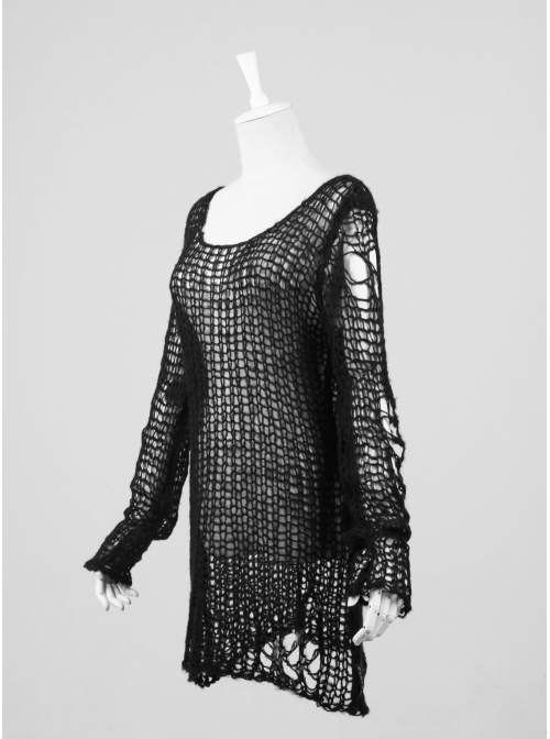 Black Broken Holes Long Sleeve Round Collar Punk Sweater