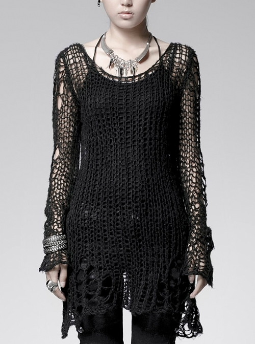 Black Broken Holes Long Sleeve Round Collar Punk Sweater