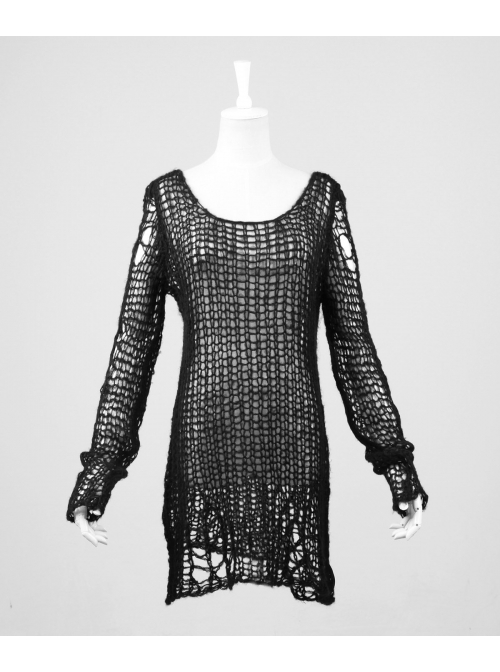 Black Broken Holes Long Sleeve Round Collar Punk Sweater
