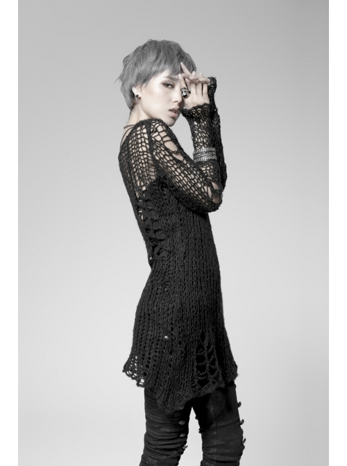 Black Broken Holes Long Sleeve Round Collar Punk Sweater