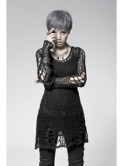 Black Broken Holes Long Sleeve Round Collar Punk Sweater