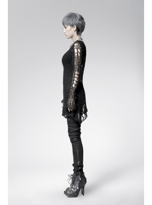 Black Broken Holes Long Sleeve Round Collar Punk Sweater