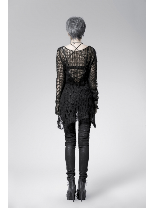Black Broken Holes Long Sleeve Round Collar Punk Sweater