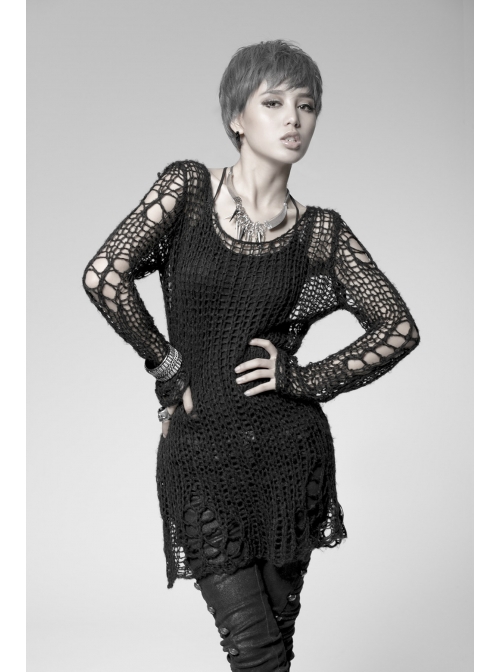 Black Broken Holes Long Sleeve Round Collar Punk Sweater