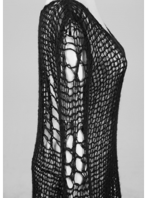 Black Broken Holes Long Sleeve Round Collar Punk Sweater