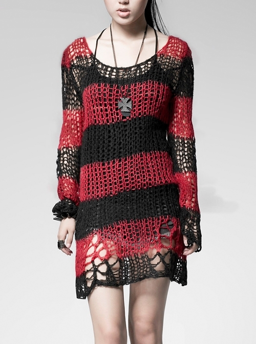 Black And Red Broken Holes Long Sleeve Round Collar Punk Sweater