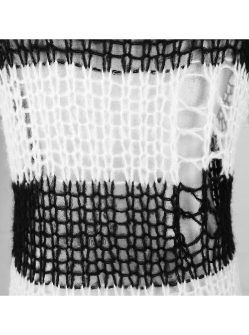 Black And White Broken Holes Long Sleeve Round Collar Punk Sweater