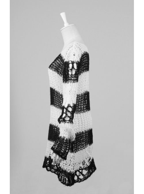 Black And White Broken Holes Long Sleeve Round Collar Punk Sweater